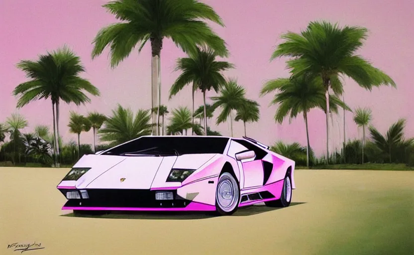 Image similar to a white lamborghini countach with open doors. palm trees and pink sky in the background. art by krzysztof tanajewski