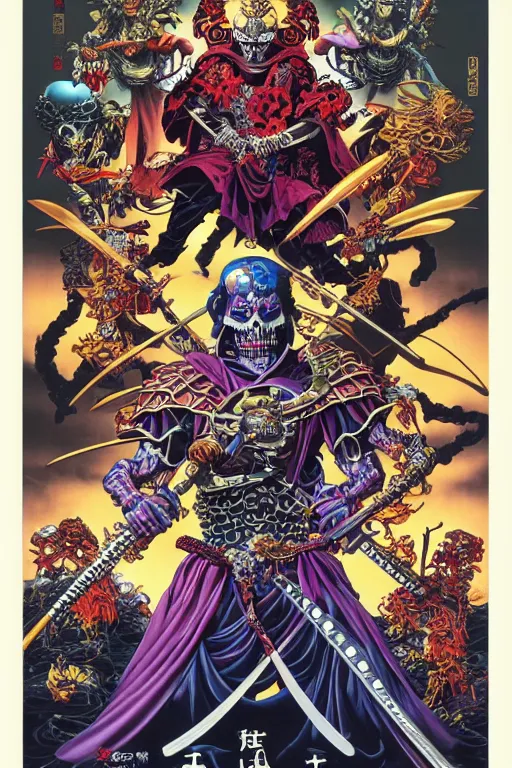 Image similar to poster of crazy skeletor samurai, by yoichi hatakenaka, masamune shirow, josan gonzales and dan mumford, ayami kojima, takato yamamoto, barclay shaw, karol bak, yukito kishiro