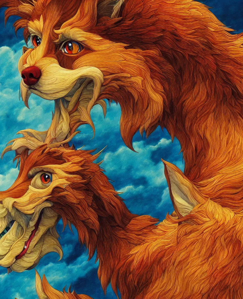 Prompt: beautiful painting cell shading from the anime film by studio ghibli, red anthropomorphic dog slitscan video effect, painting by Raqib shaw, detail fur,