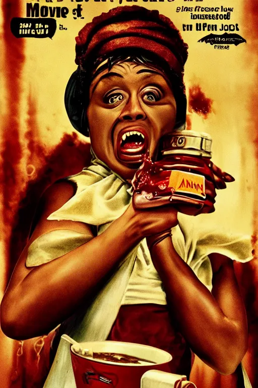 Image similar to aunt jemima covered in maple syrup horror movie cinematic