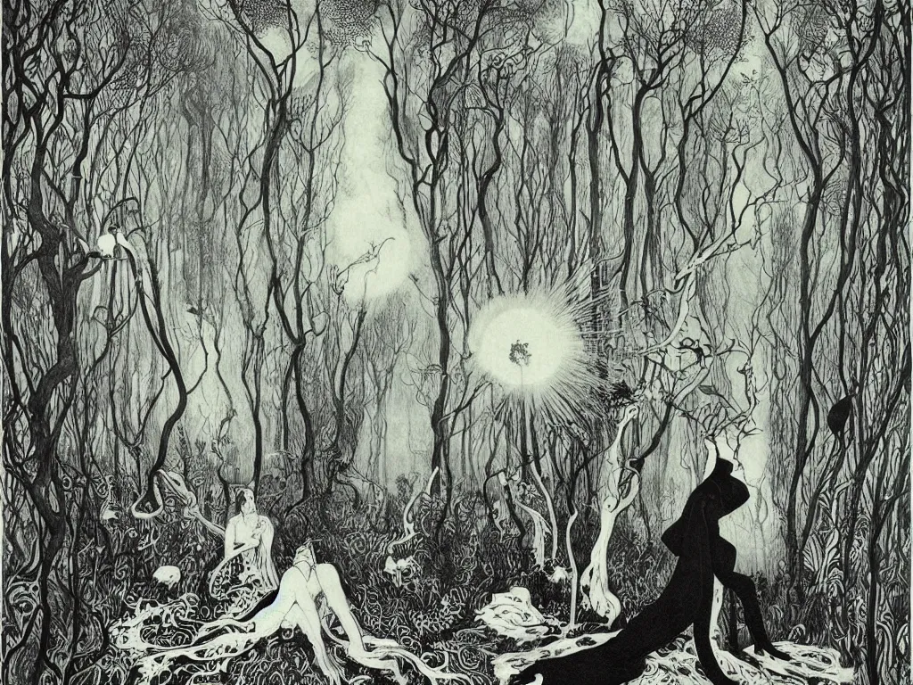 Prompt: illustration forest, artstation, by aubrey beardsley, by caspar david friedrich, by laurie lipton, by kay nielsen, by ivan shishkin, calligraphy, divine, paradox, mycelium, as symbol of soul - journey!, terrifying wilderness, witchcraft!, hope