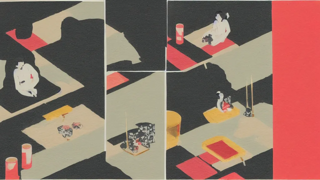 Image similar to a small tea ceremony, japan, a collage painting, in the style of wes anderson, lola dupre, david hockney, isolated on negative white space background dark monochrome neon spraypaint accents volumetric octane render