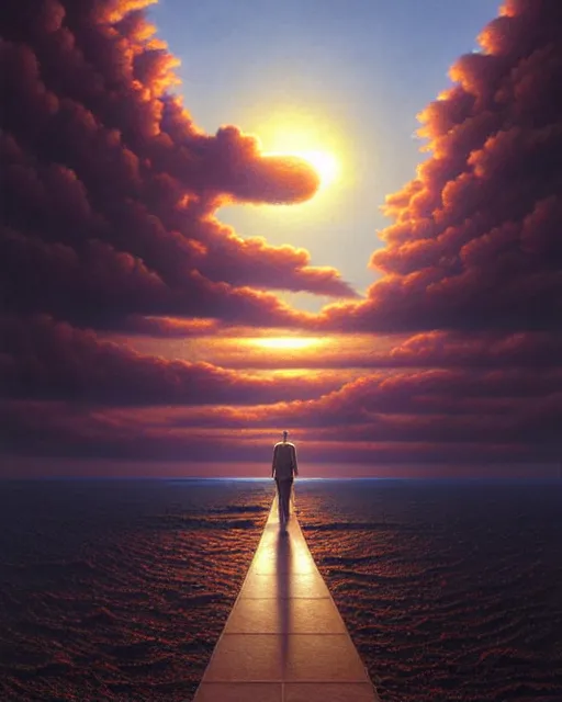 Image similar to a hyper - detailed 3 d render of walking off into the sunset, outrun sun, surrealism!!!!! surreal concept art, lifelike, photorealistic, digital painting, aesthetic, smooth, sharp focus, artstation hd, by greg rutkowski, klimt and nixeu and ian sprigger and wlop and krenz cushart,