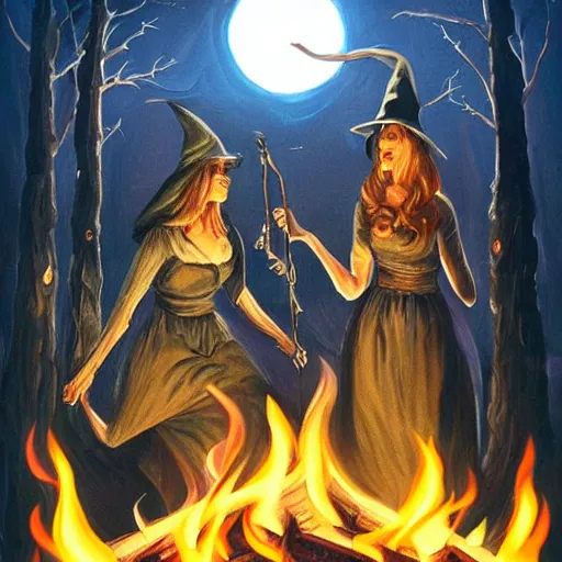 Prompt: witches around a fire, historical image, highly detailed, spooky, halloween, trending on artstation