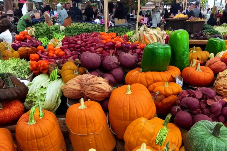 Image similar to photorealistic fall vegetables, beautifully displayed at a farmer's market