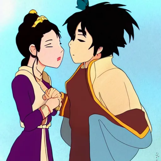 Image similar to Prince Zuko and Katara kissing at sunset in the style of Studio Ghibli