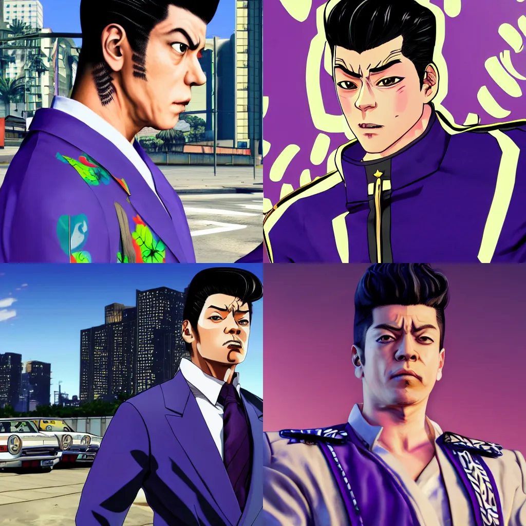 Prompt: josuke higashikata in the gta v loading screen, masterpiece, 8 k, 4 k, art by stephen bliss