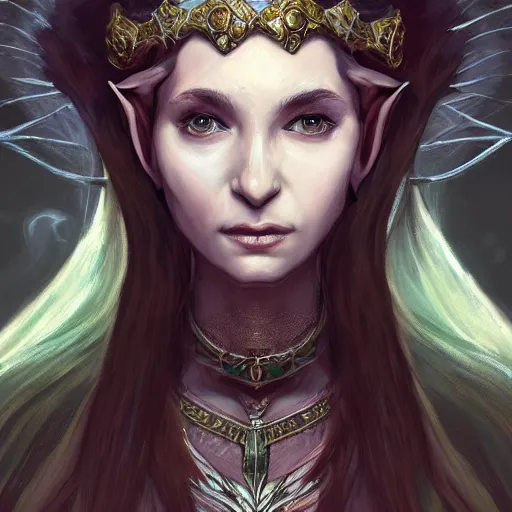 Image similar to portrait of an elf queen, D&D, fantasy, highly detailed, digital painting, artstation, concept art, smooth, sharp focus, illustration, art by Annie Leibovitz and Marta Dahlig