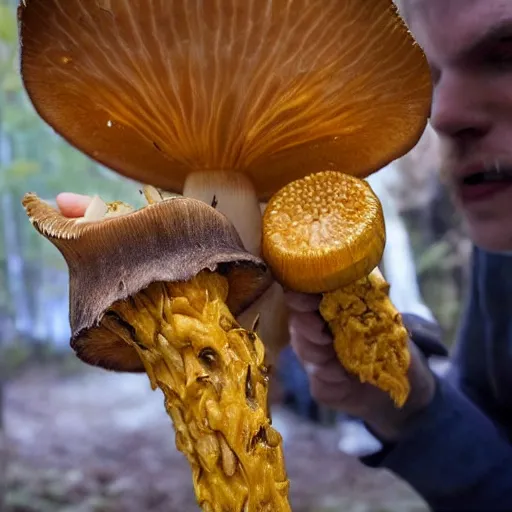 Image similar to human consuming a golden teacher mushroom and realizing everything is connected