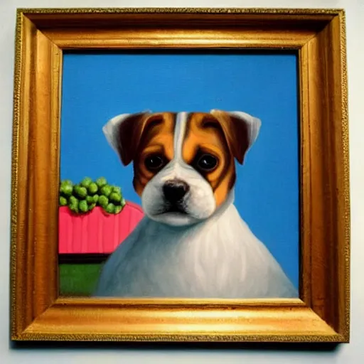 Prompt: painting of cute dog in style of rene magritte