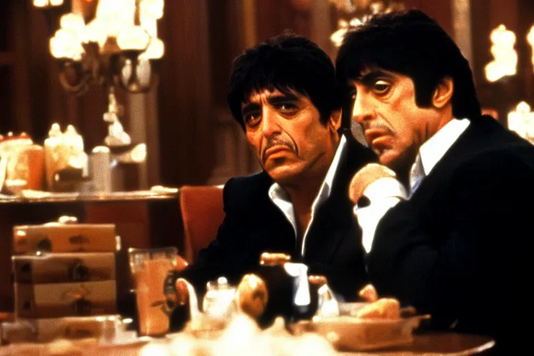 Image similar to tony montana from movie scarface 1 9 8 3 sitting behind a big black oak table with big large packages of flour. long shot. al pacino. perfect symmetric face, coherent eyes, fine details, 4 k, ron cobb, cinestill. last scene from scarface movie