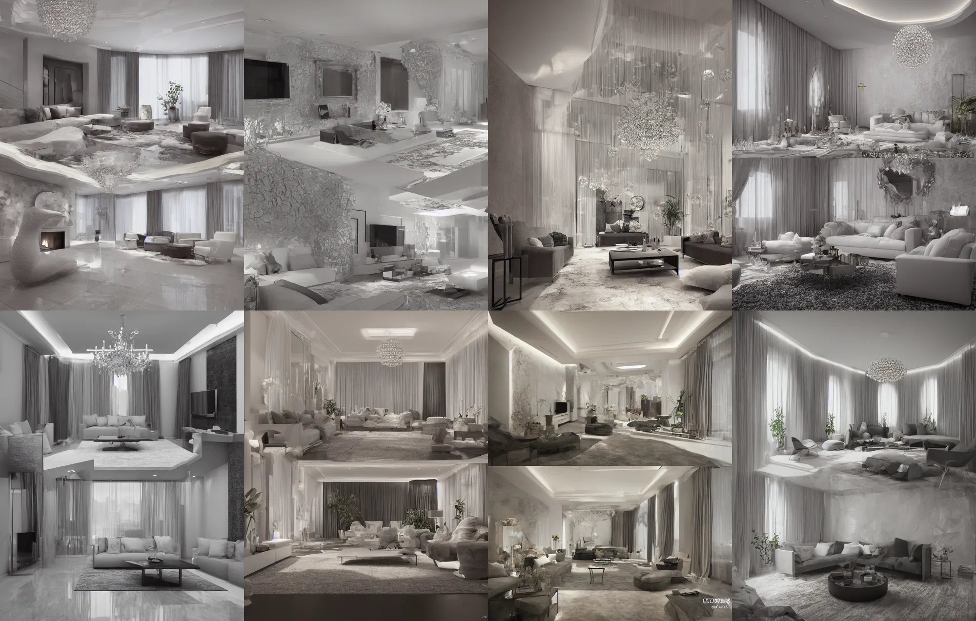 Prompt: crystal living room architecture, 3d render, octane render, photorealistic highly detailed aesthetic