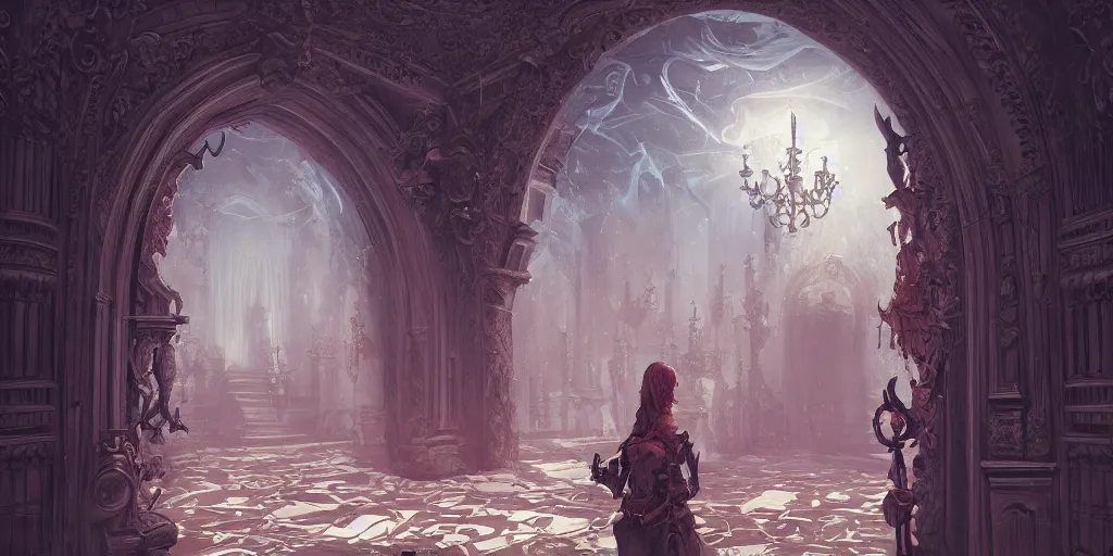 Image similar to the ornate entrance hall to a huge haunted mansion full of angels and demons fighting over powerful relics in the style of Sylvain Sarrailh, beautiful digital art, cinematic composition, detailed, concept art, Matt painting, oil painting, high res