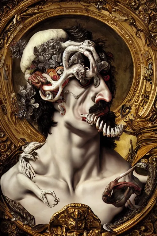 Prompt: Detailed maximalist portrait a Greek god with large lips and with large white eyes, angry face, fleshy skeletal body, HD mixed media 3d collage, highly detailed and intricate, surreal illustration in the style of Caravaggio, dark art, baroque