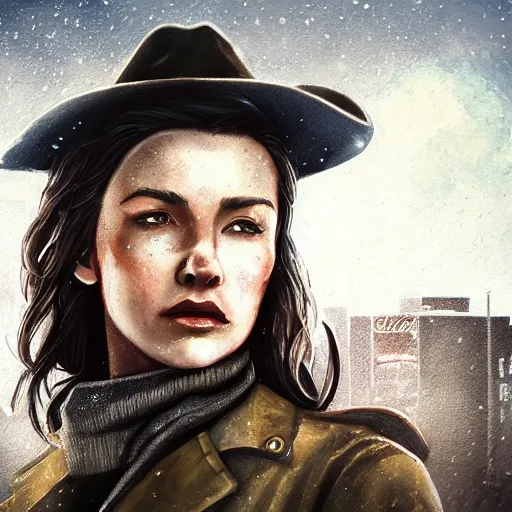 Prompt: fallout 5, charismatic beautiful, rugged, brunette female protagonist wearing a cowboy - hat, portrait, outdoors ruined cityscape, atmospheric lighting, painted, intricate, volumetric lighting, beautiful, daytime, harsh winter weather, sharp focus, cold, deep colours, ultra detailed, by leesha hannigan, ross tran, thierry doizon, kai carpenter, ignacio fernandez rios