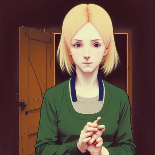 Prompt: portrait of a scared blonde woman exploring a spooky haunted house, sweater and jeans, film still, finely detailed features, digital painting, tankobon, studio ghibli, by ilya kuvshinov and krenz cushart and alphonse mucha and william - adolphe bouguereau