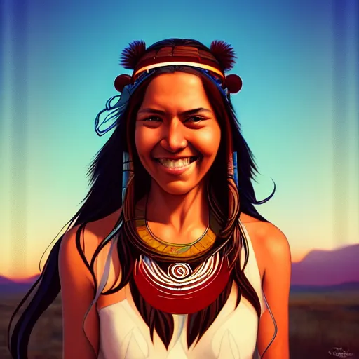 Image similar to in the style of artgerm and Andreas Rocha and Joshua Middleton, beautiful Native American young woman with long hair and red paint strip across eyes, smile on face, Symmetrical eyes symmetrical face, bead necklace, scenic prairie in background sunrise, natural lighting, warm colors