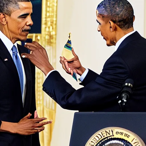 Image similar to president obama awarding president obama a medal on a necklace