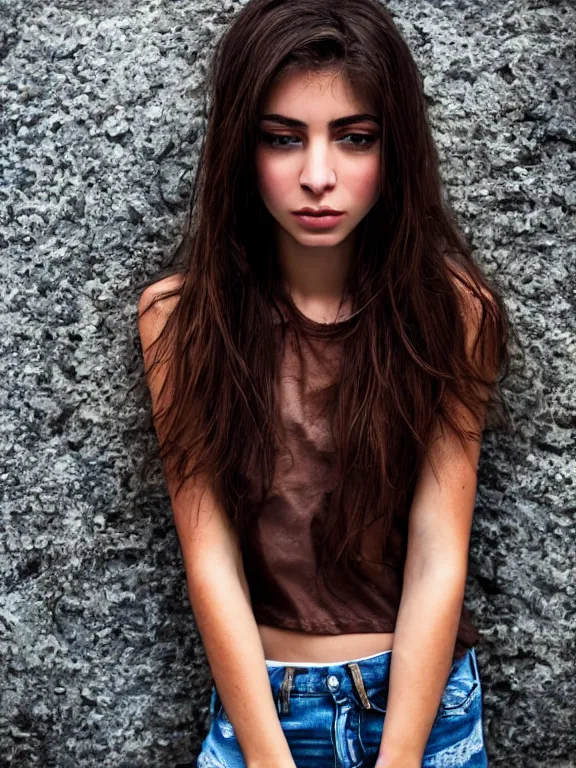 Image similar to hyperdetailed photo of a beautiful italian girl, brown eyes, dark hair, winds of winter, with ripped transparent crop t - shirt