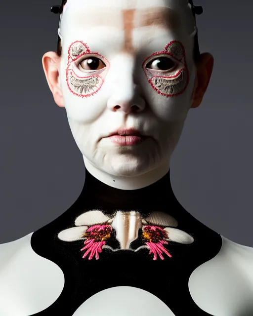 Image similar to symmetrical portrait of a woman wearing a embroidered translucent silicone mask and white frizzy hair buns, wearing a black bodysuit by alexander mcqueen, cream white background, soft diffused light, biotechnology, humanoide robot, bjork aesthetic, translucent, by rineke dijkstra, intricate details, highly detailed, masterpiece,