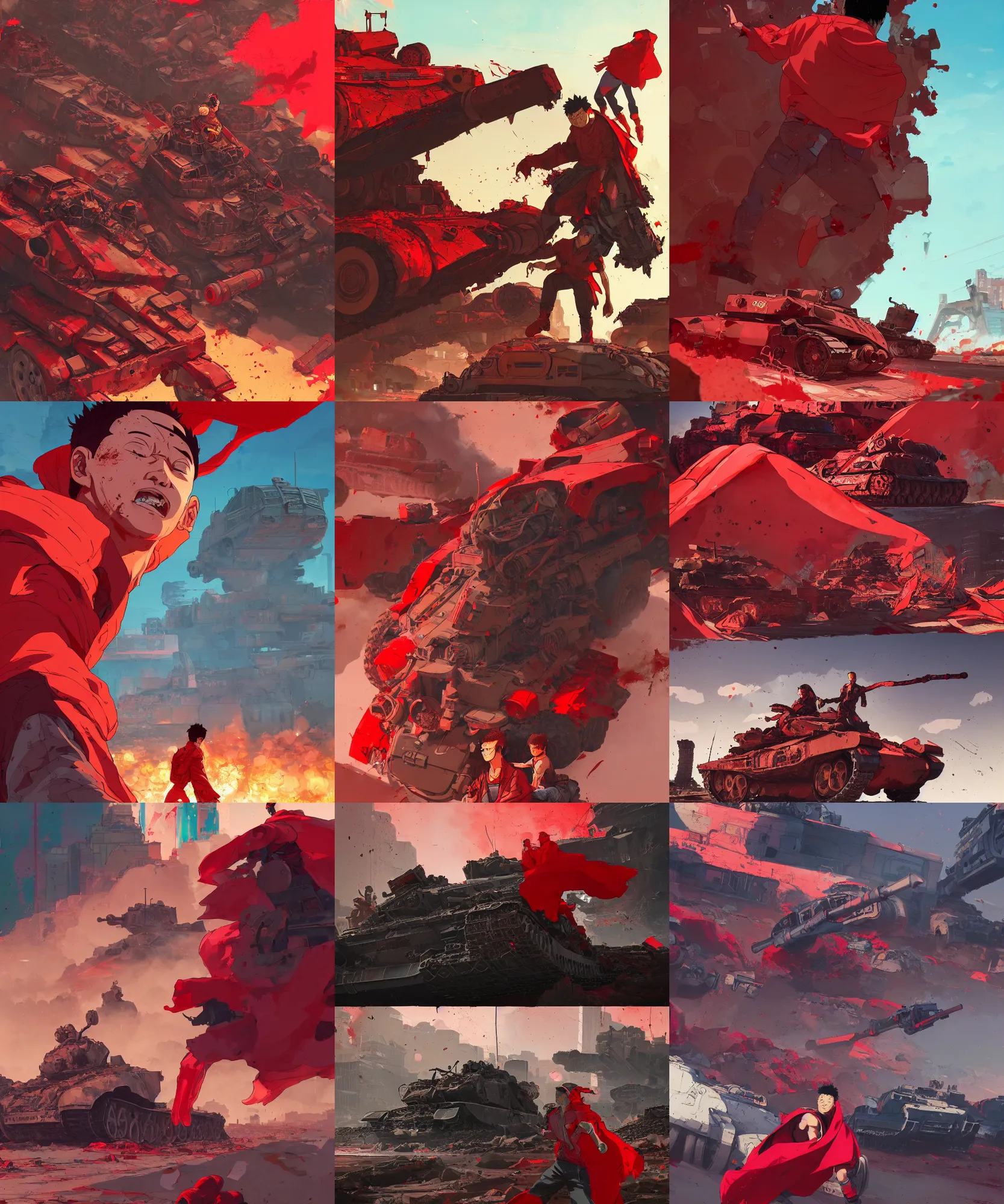 Prompt: a scene of destroyed tanks and a close up of tetsuo with red cape from akira, vibrant colors and hard shadows and strong rim light, comic cover art, plain background, trending on artstation, in the style of atey ghailan