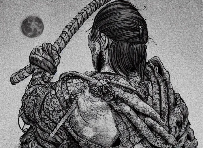 Image similar to A PORTRAIT FROM BEHIND OF A SAMURAI MAN VAGABOND WITH A MOON BEHIND HIM ,THE SAMURAI IS WRAPPED IN CHAINS, manga,detailed, studio lighting, gradation,editorial illustration, matte print, concept art, ink style tattoo sketch digital 2D