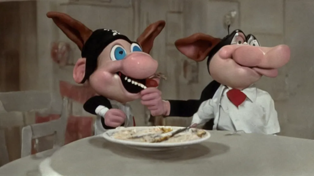 Image similar to found footage of Porky Pig eating glue, hyperrealistic