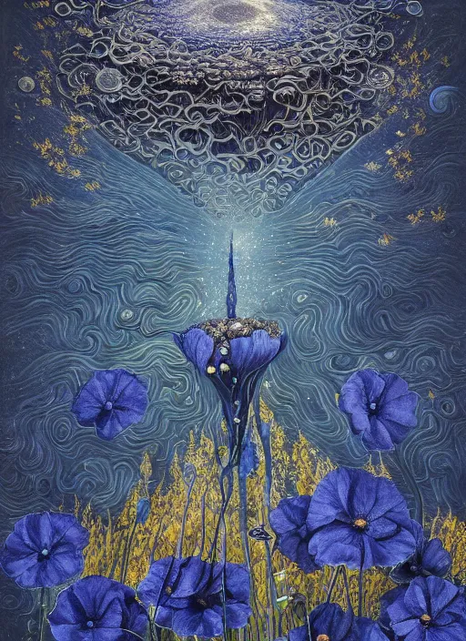 Image similar to detailed, intricate blue black and purple papaverum flower on the field, nebula, galaxy in the sky, winning award masterpiece, fantastically beautiful, illustration, aestheticly inspired, jacek yerka, upscale with anguissola sofonisba work, artstation, 8 k