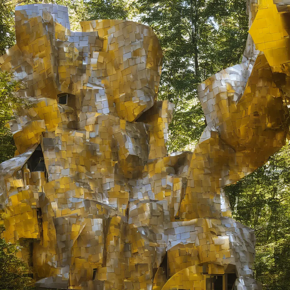 Image similar to a tiny tiny house in clearing, designed by Frank Gehry. Tiles. Film grain, cinematic, yellow hue