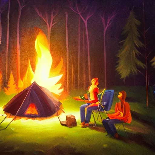 Prompt: tourists near the campfire in night forest, painting, trending on artstation, very detailed, vibrant, 8k