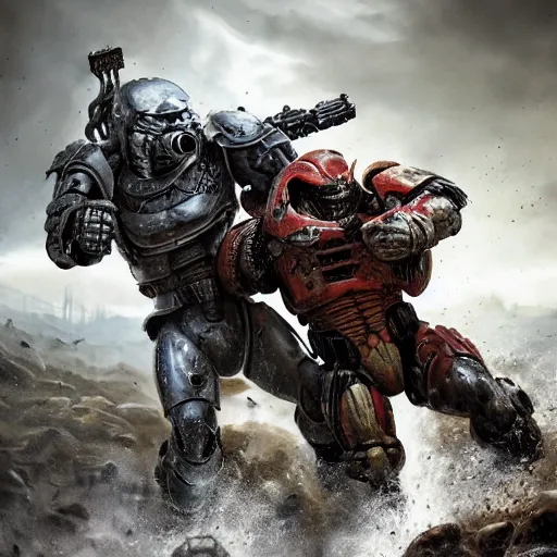 Image similar to The Predator fighting a Space Marine, intense combat, high detail, desolate landscape, trending, masterpiece, high resolution,