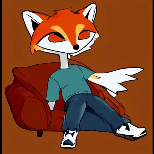 Prompt: an anthropomorphic fox wearing a t-shirt and jeans sitting on a couch, DeviantArt, Artstation, furry, anthro, anthropomorphic, furaffinity, cartoon, disney