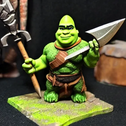 Image similar to a dungeons and dragons miniature of shrek wielding an axe, onlooking players are horrified