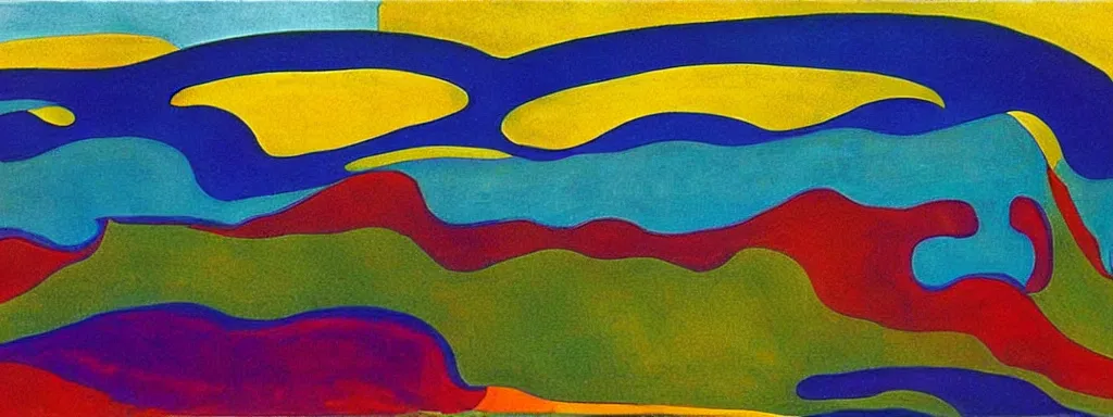 Image similar to Psychedelic sci-fi dreamworld. Landscape painting. Organic. Winding rushing water. Waves. Clouds. Peter Max. Landscape by Milton Avery.