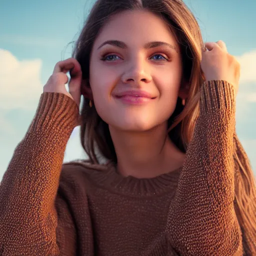Image similar to real life photo of a beautiful girl, full body photoshoot, long brown hair, brown eyes, full round face, short smile, belly free, brown sweater, beach setting, cinematic lightning, medium shot, mid - shot, highly detailed, trending on artstation, unreal engine 4 k, 8 0 mm, 8 5 mm, cinematic wallpaper