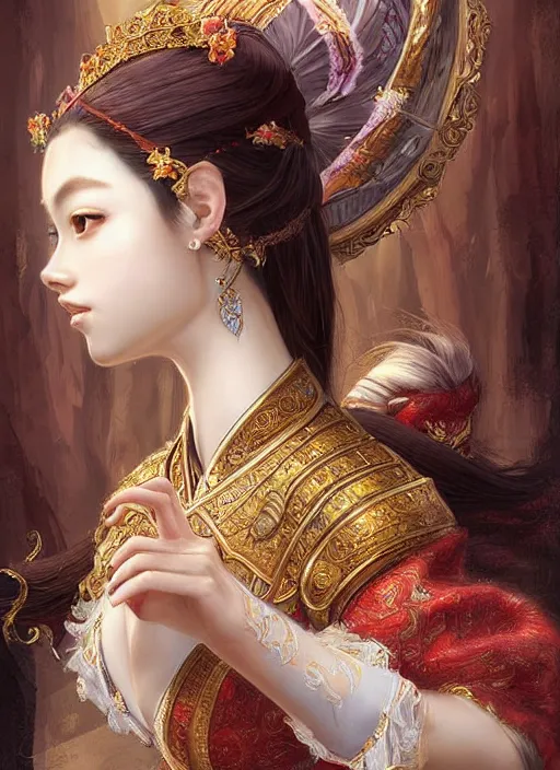 Prompt: digital painting of royal princess asian girl by filipe pagliuso and justin gerard symmetric fantasy highly detailed realistic intricate port