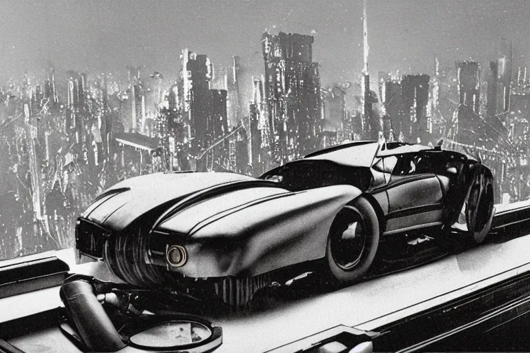 Image similar to cyberpunk 1 9 2 6 bugatti type 3 5 by paul lehr, metropolis, view over city, vintage film photo, damaged photo, scratched photo, scanned in, old photobook, silent movie, black and white photo