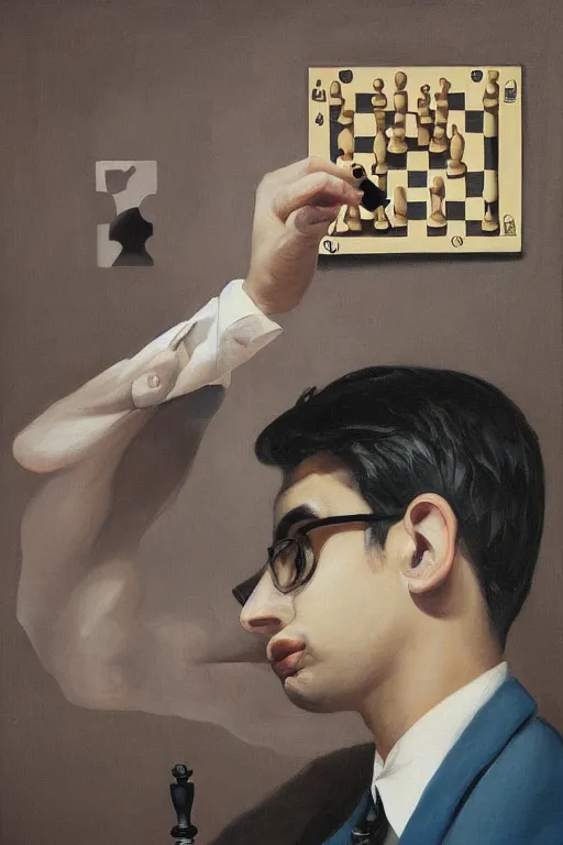 Prompt: a painting of anish giri as chess theoretician pondering over a chess board, a surrealist painting by james jean, trending on cgsociety, pop surrealism, angular