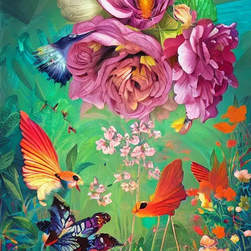 Image similar to insane flower painting with birds and insects, vivid beautiful colors, sunlight, realistic shadows, reflections, ethereal space, by James Jean and Ross Tran and James Gilleard and Mark Ryden