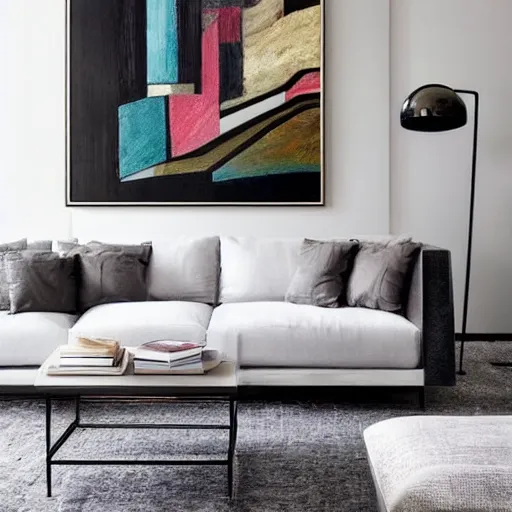 Prompt: mockup photo of luxury contemporary interior with large framed contemporary paintings, trending on pinterest