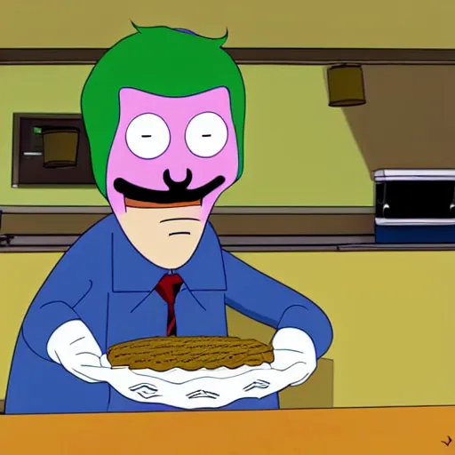 Prompt: Joker working at Bob's Burgers, in the style of the TV Show Bob's Burgers