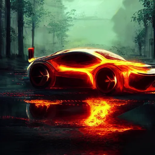 Image similar to cyberpunk car on fire in the middle of the woods stylized artgerm artstation hd cgsociety cgi realistic dramatic cinematic artistic trending detailed