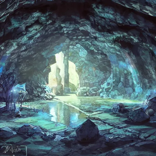 Image similar to concept art painting of inside a historic mine mineshaft cave with blue crystals, realistic, detailed, cel shaded, in the style of makoto shinkai and greg rutkowski and james gurney