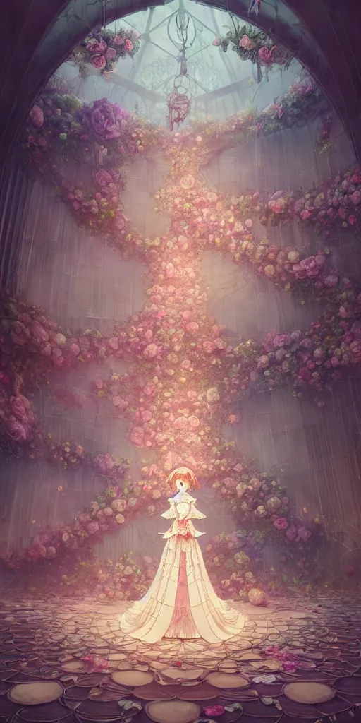Image similar to the beautiful hyperdetailed physical rendering of a single rose wedding gothic lolita dress clothing design display in exhibition hall, perfectly shaded, atmospheric lighting, in the style of makoto shinkai victo ngai and peter mohrbacher studio ghibli artgerm karol bak beeple, surrealistic style, 8 k hd, 3 drender