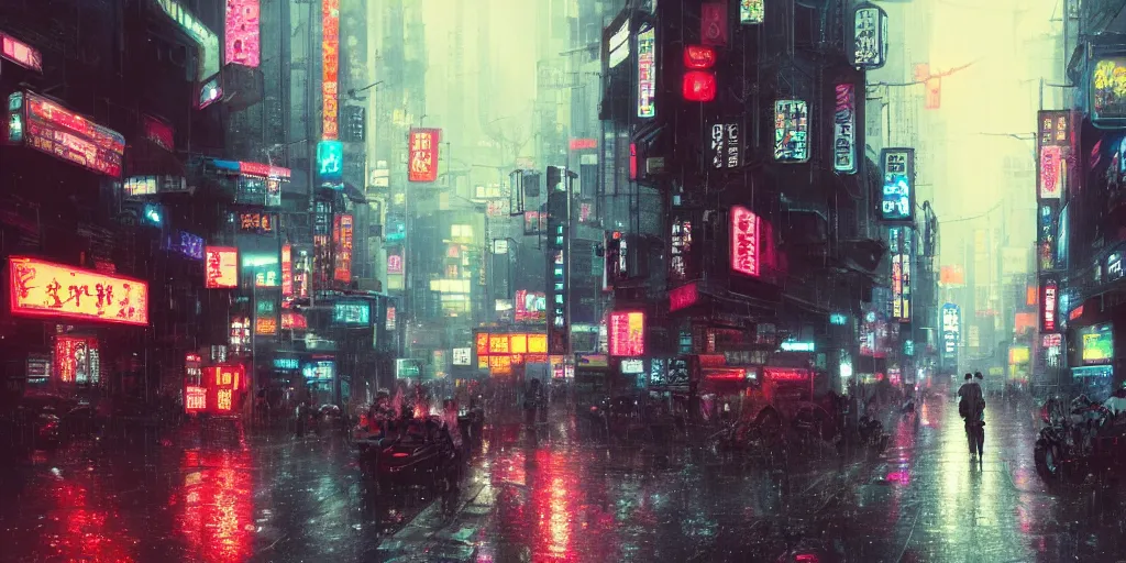 Prompt: Scene of a japanese cyberpunk city in the rain during midnight, neon glow, 4k, cozy wallpaper, trending on Artstation, award-winning, art by Greg Rutkowski