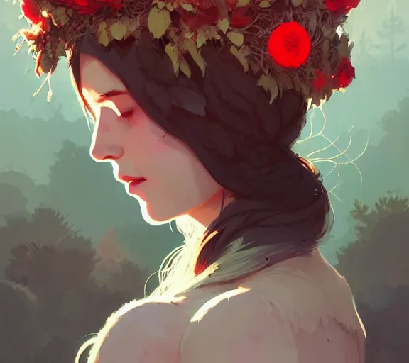 Image similar to portrait of forest godess with cotton flower crown, by atey ghailan, by greg rutkowski, by greg tocchini, by james gilleard, by joe fenton, by kaethe butcher, by ashley wood, dynamic lighting, gradient light red, brown, blonde cream and white color scheme, grunge aesthetic