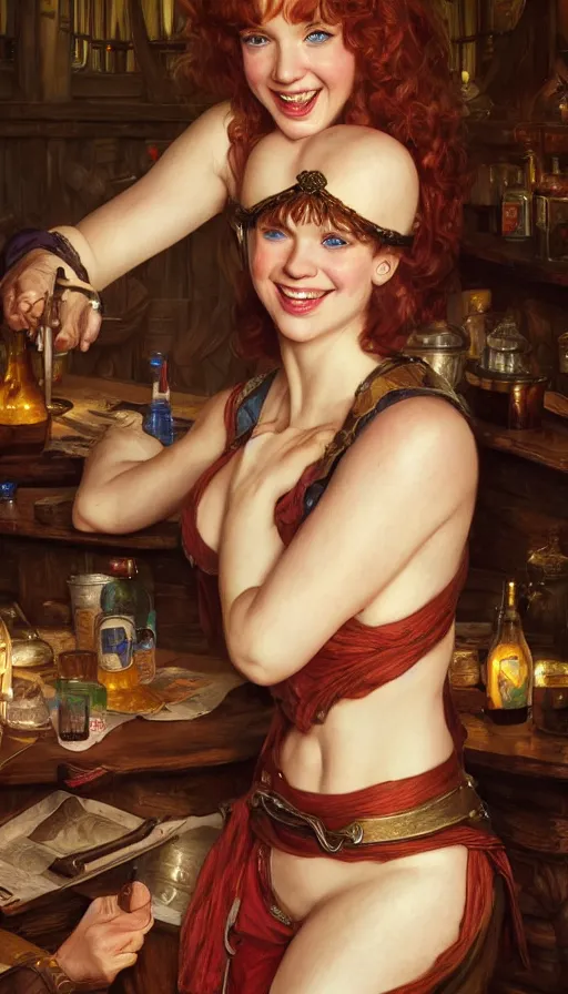 Image similar to young christina hendricks in a tavern, energetic, laughing, fit, warhammer, lord of the rings, sweaty, strong, intricate, highly detailed, digital painting, artstation, concept art, smooth, sharp focus, illustration, unreal engine 5, 8 k, art by artgerm and greg rutkowski and alphonse mucha