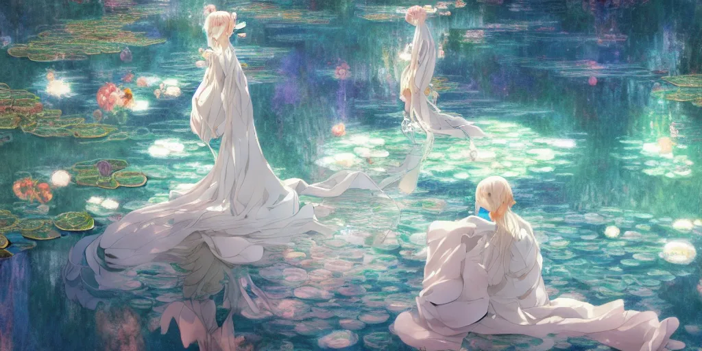 Prompt: whimsical, very very very very very beautiful anime anime anime, flowing robes, sitting in reflective pools underneath a moon, trending on patreon, deviantart, twitter, artstation, subtle and detailed, heavy contrast, art style by yuchenghong, claude monet, tomas kinkade,