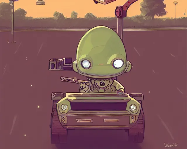 Image similar to a study of cell shaded cartoon of a chibi alien driving a tank on a country road, street lamps, road, illustration, wide shot, subtle colors, post grunge, concept art by josan gonzales and wlop, by james jean, victo ngai, highly detailed, sharp focus, trending on artstation, hq, deviantart, art by artgem