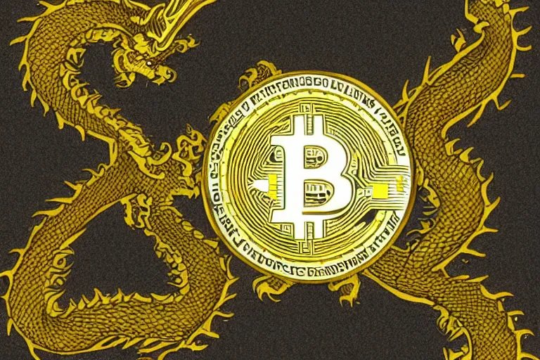 Image similar to a young dragon of black and gold, clouds, bitcoin patterned logo